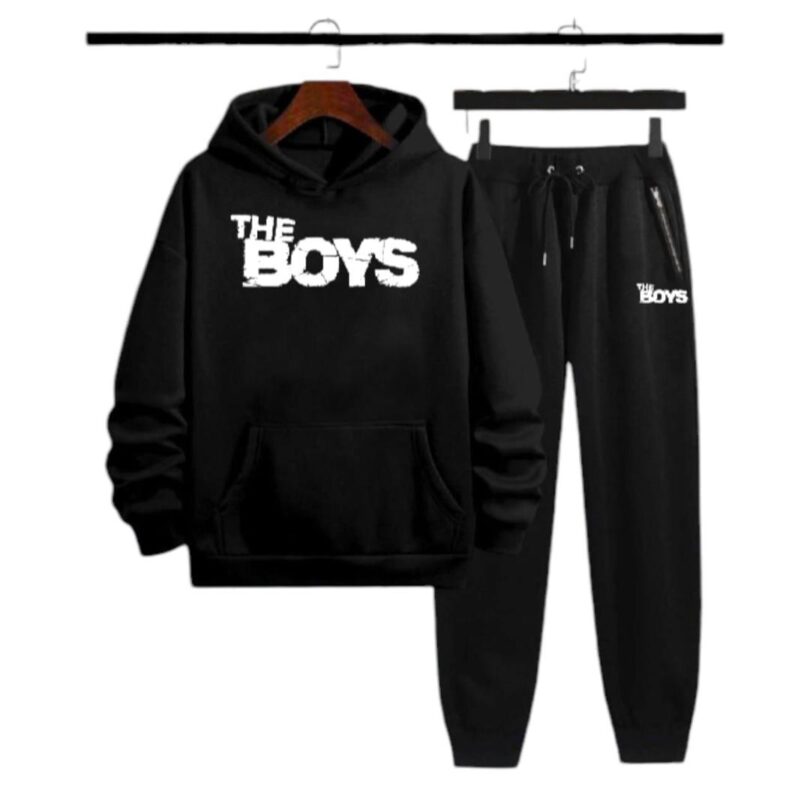 Men's Fleece Hoodie Track Suit - 2 Pcs Set in Black with Printed Design