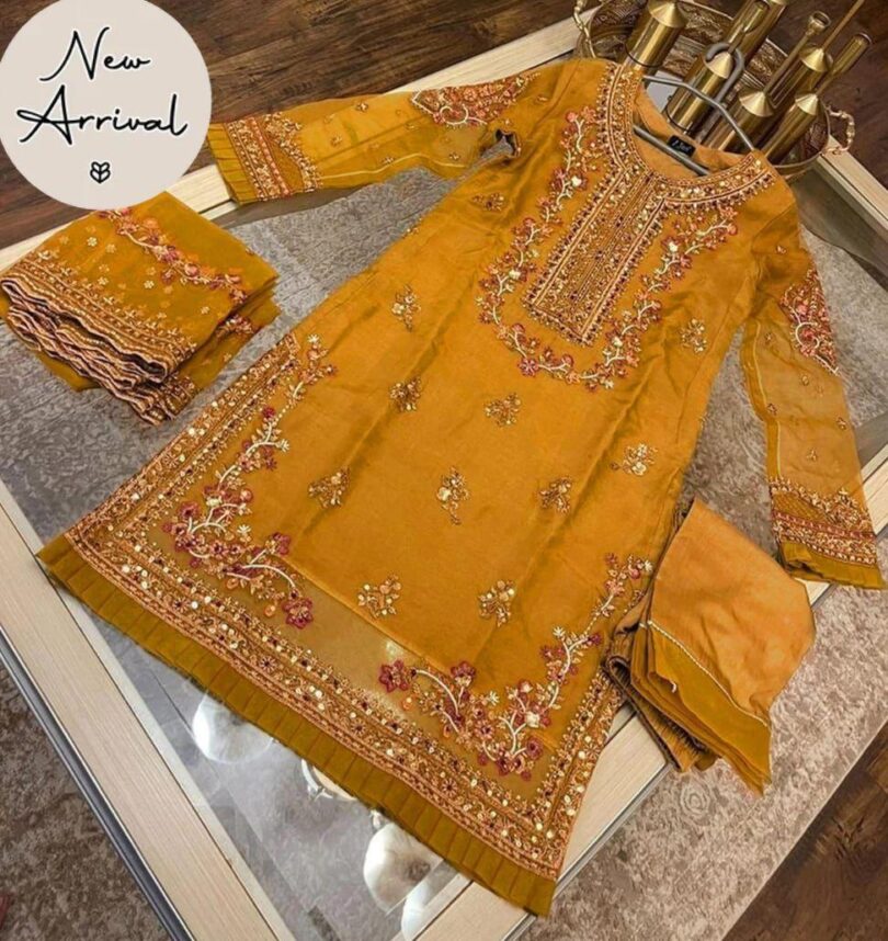 Stunning Women's Stitched Suit Set - 3 Pcs Hand Embroidered Design with Organza Dupatta